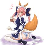  alternate_costume animal_ears apron ass blush braid brde breasts coffee cup dress enmaided fang fate/extra fate_(series) fox_ears fox_tail hair_ribbon highres large_breasts long_hair looking_at_viewer looking_back maid maid_apron maid_headdress open_mouth panties pantyshot pink_hair ribbon seiza simple_background sitting solo striped striped_panties tail tail_lift tamamo_(fate)_(all) tamamo_no_mae_(fate) teacup thighhighs underwear waist_apron white_background white_legwear wrist_cuffs yellow_eyes 