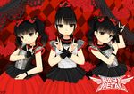  babymetal black black_eyes black_hair brown_eyes brown_hair flower hair_flower hair_ornament highres idol kikuchi_moa long_hair mizuno_yui multiple_girls nakamoto_suzuka red_background shirt short_hair simple_background smile 