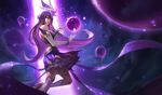  boots elbow_gloves energy_ball facial_mark forehead_protector gloves league_of_legends long_hair looking_at_viewer looking_to_the_side official_art purple_eyes purple_hair skirt solo star star_guardian_syndra syndra thighlet 