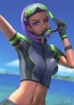  ;) alternate_costume black_gloves breasts crop_top dark_skin earrings gloves goggles goggles_on_head jewelry jpeg_artifacts lipstick makeup medium_breasts navel ocean one_eye_closed overwatch purple_eyes purple_hair purple_lipstick rash_guard reaching_out self_shot smile snorkel snorkel_in_mouth solo sombra_(overwatch) stomach stud_earrings swimwear tulum_sombra umigraphics 