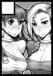  bangs bare_shoulders black_border blush border braid breast_press breasts circle_cut cleavage closed_mouth collar collarbone dragon_quest dragon_quest_v earrings eyebrows_visible_through_hair flora greyscale jewelry large_breasts long_hair looking_at_viewer misonou_hirokichi monochrome multiple_girls outline sweat upper_body 