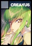  artist_name ashford_academy_uniform bangs black_border blush border c.c. circle_cut code_geass creayus eyebrows_visible_through_hair face food green_hair long_hair looking_at_viewer mouth_hold necktie pizza school_uniform shadow sidelocks sweatdrop yellow_eyes 