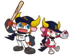  2009 5_fingers aliasing alpha_channel anthro aun_(artist) baseball_bat baseball_cap baseball_glove baseball_uniform big_eyes biped black_clothing blue_clothing blue_eyes blue_hat blue_nose bovine buffalo_bell buffalo_bull_(orix_buffaloes) cel_shading clothed clothing digital_media_(artwork) duo english_text eyelashes female footwear front_view full-length_portrait fur furgonomics hair hat holding_object horn humanoid_hands japanese jersey kemono long_sleeves looking_at_viewer male mammal mascot multicolored_fur muzzle_(marking) nippon_professional_baseball official_art on_one_leg open_mouth open_smile orange_fur orix_buffaloes pants pink_bottomwear pink_clothing pink_eyes pink_fur pink_hair plantigrade pleated_skirt portrait pose raised_arm red_fur scarf shirt shoes short_hair side_view simple_background skirt smile sneakers standing tail_tuft text toony transparent_background tuft two_tone_fur uniform white_bottomwear white_clothing white_fur white_topwear yellow_horn 