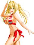  absurdres abukobato bangs bikini blonde_hair blush breasts criss-cross_halter earrings fate/grand_order fate_(series) green_eyes hair_intakes halterneck highres jewelry large_breasts long_hair looking_at_viewer md5_mismatch navel nero_claudius_(fate)_(all) nero_claudius_(swimsuit_caster)_(fate) open_mouth salute side-tie_bikini skindentation smile solo stomach strap_gap striped striped_bikini swimsuit walking white_background 