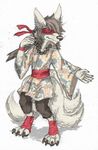  1oi 3_tails anthro beads blindfold brown_hair canine clothing digitigrade fox fur grey_fur hair japanese_clothing jewelry kimono male mammal multi_tail necklace nine_tailed_fox simple_background solo tozen traditional_media_(artwork) 