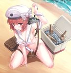  anchor bangs bare_legs beach bikini blunt_bangs bow breasts brown_eyes brown_hair cooler day enemy_naval_mine_(kantai_collection) full_body hat hat_bow highres ice kantai_collection konnyaku_(kk-monmon) looking_at_viewer navel outdoors sailor_bikini sailor_collar sailor_hat sand short_hair side-tie_bikini small_breasts solo swimsuit untied untied_bikini water white_bikini white_bow white_hat z3_max_schultz_(kantai_collection) 