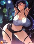  armpits arms_up black_gloves black_hair black_panties blush bondage cleavage collarbone curvy earrings elbow_gloves erect_nipples final_fantasy final_fantasy_vii gloves haganef long_hair looking_back miniskirt night no_bra outdoors panties partially_visible_vulva red_eyes shirt skirt skirt_flip standing tifa_lockhart white_shirt wide_hips 