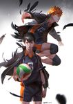  ball bangs black_hair black_jacket clenched_hand commentary_request feathers haikyuu!! highres hinata_shouyou holding holding_ball jacket jacket_on_shoulders jumping kageyama_tobio knee_pads looking_at_viewer male_focus multiple_boys open_clothes open_jacket orange_eyes orange_hair outstretched_arms qmo_(chalsoma) serious short_sleeves shorts signature standing uniform white_background wristband 