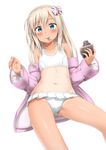  absurdres ass_visible_through_thighs bare_legs bikini blonde_hair blue_eyes blush bow bowtie collarbone food groin hair_between_eyes hair_ribbon highres ice_cream jacket kantai_collection long_hair looking_at_viewer navel nedia_(nedia_region) nontraditional_school_swimsuit one-piece_tan pink_jacket ribbon ro-500_(kantai_collection) school_swimsuit simple_background solo spoon spoon_in_mouth sprinkles swimsuit tan tanline white_background white_school_swimsuit white_swimsuit 