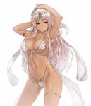  armlet armpits arms_up ass_visible_through_thighs bangs bikini blush breasts brown_eyes cleavage closed_mouth contrapposto cowboy_shot dark_skin hair_ornament hairband highleg highleg_bikini highres large_breasts long_hair looking_at_viewer nakamura_nagare navel parted_bangs phantasy_star phantasy_star_online_2 pink_hair sidelocks simple_background solo standing string_bikini swimsuit white_background white_bikini 