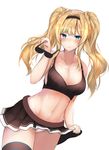  bangs black_legwear black_skirt blonde_hair blue_eyes breasts cleavage closed_mouth collarbone commentary_request cowboy_shot dutch_angle eyebrows_visible_through_hair eyewear_removed granblue_fantasy hair_intakes hand_up highres holding holding_eyewear large_breasts linez long_hair looking_at_viewer pleated_skirt sidelocks simple_background skirt smile solo sports_bra suggestive_fluid sunglasses thighhighs tsurime twintails white_background zeta_(granblue_fantasy) 
