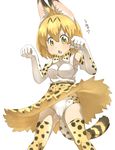  animal_ears armpit_peek ass_visible_through_thighs bare_shoulders blonde_hair bow bowtie cameltoe chestnut_mouth clenched_hands commentary_request cross-laced_clothes elbow_gloves eyebrows_visible_through_hair feet_out_of_frame gloves hands_up high-waist_skirt highres kemono_friends looking_down open_mouth panties pantyshot pantyshot_(standing) paw_pose serval_(kemono_friends) serval_ears serval_print serval_tail shirt simple_background skirt skirt_lift sleeveless sleeveless_shirt solo standing striped_tail tail thin_(suzuneya) translated underwear white_background yellow_eyes 