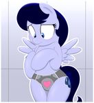  &lt;3 2014 acstlu anthro blue_eyes blue_hair blush clothing crossover cutie_mark embarrassed equine fan_character feathered_wings feathers female frown fur grey_fur hair hi_res mammal my_little_pony panties pegasus portal portal_(series) solo standing underwear valve video_games weighted_companion_cube wings 