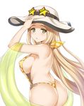  ass blonde_hair blush breasts covered_nipples dimples_of_venus diola_(granblue_fantasy) from_behind granblue_fantasy green_eyes hand_on_headwear hat lang_(chikage36) large_breasts long_hair looking_back open_mouth simple_background slingshot_swimsuit solo star-shaped_eyewear swimsuit very_long_hair white_background 