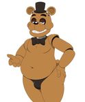  2015 acstlu animatronic anthro bear bow_tie brown_fur bulge clothed clothing five_nights_at_freddy&#039;s freddy_(fnaf) fur hat hi_res looking_at_viewer machine male mammal navel overweight robot skimpy smile solo thong top_hat video_games 
