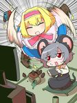  :d alice_margatroid animal_ears bad_id bad_twitter_id blonde_hair blush boots cookie_(touhou) cross-laced_footwear cup dress food frilled_dress frills green_tea grey_hair hairband headband ichigo_(cookie) lace-up_boots mouse_ears mouse_tail multiple_girls nazrin nintendo nintendo_switch nyon_(cookie) open_mouth pillow pink_hairband red_eyes smile spill spinning sweat syowahoka tail tatami tea teacup television touhou 