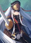  altair_(re:creators) hat jzw_(white) long_hair military military_uniform re:creators red_eyes shako_cap solo standing sword uniform weapon white_hair 