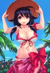  ahoge black_hair blue_sky bow breasts bush cleavage cloud collarbone commentary_request day floral_print front-tie_top funitarefu hands_on_headwear hat holding kantai_collection large_breasts long_hair looking_at_viewer low_twintails navel ocean open_mouth outdoors palm_tree ryuuhou_(kantai_collection) sarong shiny shiny_hair sky smile solo standing sun_hat swimsuit taigei_(kantai_collection) tree twintails water 