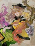  :d arlmuffin blonde_hair commentary green_skirt hat highres long_hair long_sleeves looking_at_viewer matara_okina nail_polish open_mouth skirt smile solo tabard touhou wide_sleeves yellow_eyes 