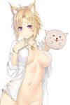  &gt;_&lt; :3 :p animal_ears blonde_hair bottomless bracelet breasts cleavage closed_mouth collarbone copyright_request facial_mark hand_on_own_chest hand_puppet highres jewelry large_breasts nakamura_nagare naked_shirt navel necklace open_clothes open_shirt out-of-frame_censoring puppet purple_eyes shirt short_hair smile solo tongue tongue_out transparent_background 