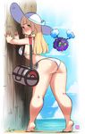  against_wall ass barefoot beach bent_over bikini blonde_hair blush breasts cosmog curvy day feet full-face_blush gen_7_pokemon hat highres kenron_toqueen large_breasts leaning_forward lillie_(pokemon) long_hair looking_at_viewer looking_back ocean pokemon pokemon_(creature) pokemon_(game) pokemon_sm side-tie_bikini sideboob soles sun_hat swimsuit thick_thighs thighs tiptoes white_bikini wide_hips 