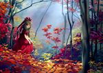  autumn autumn_leaves bare_arms bow chen_bin commentary_request dress dress_lift forest front_ponytail green_eyes green_hair hair_bow hair_ribbon highres kagiyama_hina lifted_by_self long_hair nature outdoors red_bow red_dress red_ribbon ribbon scenery solo touhou tree 