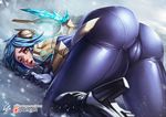  1girl all_fours ass bent_over blue_hair breasts frostblade_irelia high_heels huge_ass irelia league_of_legends pov riot_games solo watermark yellow_eyes 