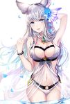  animal_ears arm_up armpits bangle bikini blue_eyes blush bracelet breasts commentary erune eyebrows_visible_through_hair glint granblue_fantasy hand_behind_head head_tilt jewelry korwa large_breasts long_hair looking_at_viewer myusha parted_lips petals silver_hair smile solo sparkle standing swimsuit very_long_hair water white_background white_bikini 