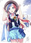  alternate_costume alternate_headwear bag blonde_hair blue_eyes blue_hair blush casual commandant_teste_(kantai_collection) commentary_request dated hands_on_headwear hat holding kantai_collection long_hair mistrail multicolored_hair red_hair shopping_bag sketch solo 