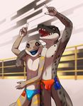  2017 absurd_res anthro blue-tongued_skink brothers bulge clothing crocodile crocodilian hi_res jixer jordan_(dubstepotter) male reptile scalie shiuk sibling smaller_version_at_source speedo swimsuit teenager young 