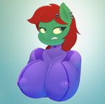  2015 acstlu anthro big_breasts breasts clothed clothing cosplay crossover earth_pony equine fan_character female green_eyes hair hi_res horse mammal metroid my_little_pony nintendo nipple_bulge piercing pony red_hair solo teeth tight_clothing video_games zero_suit 