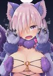  animal_ears blush breasts cleavage dangerous_beast elbow_gloves fangs fate/grand_order fate_(series) flying_sweatdrops full_moon gloves hair_over_one_eye highres large_breasts looking_at_viewer mash_kyrielight moon open_mouth purple_eyes purple_gloves purple_hair short_hair solo waira wolf_ears 