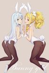  :d absurdres animal_ears arched_back ass bare_shoulders bent_over blonde_hair blue_eyes blue_hair blush bow breasts brown_legwear bunny_ears bunny_girl bunny_tail bunnysuit detached_collar drill_hair eromanga_sensei fake_animal_ears flat_chest hair_bow hairband high_heels highres holding_hands interlocked_fingers izumi_sagiri kneeling leotard multiple_girls non-web_source ooyari_ashito open_mouth pantyhose pink_eyes pointy_ears ponytail ringlets scan sidelocks small_breasts smile tail wrist_cuffs yamada_elf 