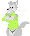  2014 acstlu anthro big_breasts breasts canine cleavage clothed clothing crossgender eyewear female fur glasses grey_fur hi_res keyhole_turtleneck mammal panties solo sweater symbicort_commercial underwear wide_hips wolf 