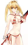  absurdres ahoge bikini bikini_lift blonde_hair bracelet breasts cleavage closed_mouth contrapposto cowboy_shot criss-cross_halter fate/grand_order fate_(series) green_eyes hair_between_eyes hair_intakes halterneck highres jewelry light_smile long_hair looking_at_viewer medium_breasts navel nero_claudius_(fate)_(all) nero_claudius_(swimsuit_caster)_(fate) shunichi side-tie_bikini simple_background skindentation solo standing striped striped_bikini swimsuit sword weapon white_background 