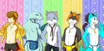  aone_gai_(character) black_hair blue_eyes blue_fur canine clothing dog ear_piercing eyes_closed fish fur grey_fur greyhound hair ikuto_waoni jewelry koro_monaka_(character) koyama_shinrin_(artist) laru_mine_(character) looking_at_viewer male mammal marine necklace one_eye_closed open_mouth pants piercing ponytail rou_kemonone shark smile standing underwear undressing utau wink wolf 