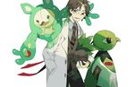  black_pants brown_eyes brown_hair danny_(satsuriku_no_tenshi) gen_1_pokemon gen_2_pokemon gen_5_pokemon glasses hand_in_pocket labcoat male_focus necktie newo_(shinra-p) oddish open_mouth pants pokemon pokemon_(creature) reuniclus satsuriku_no_tenshi smile solo standing striped striped_neckwear vest xatu 