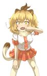 absurdres animal_ears arm_support bare_arms blonde_hair breast_pocket commentary_request eyebrows_visible_through_hair fangs feet_out_of_frame finger_in_mouth fur_collar hair_between_eyes hand_on_own_knee hand_up highres kemono_friends leaning_forward lion_(kemono_friends) lion_ears lion_tail looking_at_viewer necktie open_mouth plaid plaid_neckwear plaid_skirt plaid_sleeves pocket shirt short_hair short_sleeves simple_background skirt solo standing tail thighhighs thin_(suzuneya) translated white_background white_shirt yellow_eyes yellow_legwear zettai_ryouiki 