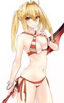  ahoge bikini bikini_lift blonde_hair bracelet breasts cleavage closed_mouth contrapposto cowboy_shot criss-cross_halter fate/grand_order fate_(series) green_eyes hair_between_eyes hair_intakes halterneck jewelry light_smile long_hair looking_at_viewer medium_breasts navel nero_claudius_(fate)_(all) nero_claudius_(swimsuit_caster)_(fate) shunichi side-tie_bikini simple_background skindentation solo standing striped striped_bikini swimsuit sword weapon white_background 