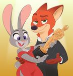  2017 4_fingers acstlu anthro award bare_shoulders black_nose bow_tie breasts buckteeth canine clothing dipstick_ears disney dress duo eyebrows female fox fur green_eyes half-length_portrait hand_behind_back hi_res holding_object inner_ear_fluff judy_hopps lagomorph looking_at_viewer male mammal nick_wilde open_mouth open_smile oscar_statuette pawpads pink_nose portrait purple_eyes rabbit simple_background size_difference small_breasts smile teeth tongue tuxedo wide_hips zootopia 