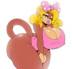  2017 bangs bedroom_eyes bent_over big_breasts big_butt big_ears big_lips blonde_hair blue_eyes breasts brown_fur butt candy_kong cleavage clothed clothing digital_media_(artwork) donkey_kong_(series) erect_nipples female fur hair hair_ribbon half-closed_eyes huge_breasts huge_butt lips lipstick long_hair looking_at_viewer makeup mammal monkey nintendo nipple_bulge nipples primate rabid ribbons seductive simple_background solo video_games voluptuous white_background wide_hips 