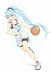  anarchojs ball basketball blue_eyes blue_hair copyright_name full_body hatsune_miku highres long_hair open_mouth ponytail shoes shorts simple_background sneakers solo very_long_hair vocaloid white_background 