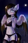  2017 anthro black_hair bra breasts clothed clothing cutie_mark equine fan_character feathered_wings feathers female freckles full_moon hair hi_res lamika legwear looking_at_viewer mammal moon my_little_pony night outside panties pegasus pussy smile solo underwear vincher wings 