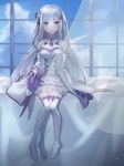  blush curtain dress emilia_(re:zero) long_hair sky violet_eyes white_hair window 