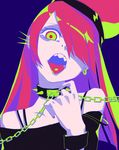  bad_id bad_pixiv_id collar earrings green_eyes hair_over_one_eye head_tilt hecatia_lapislazuli highres jewelry long_hair nail_polish open_mouth piercing polos_crown red_hair red_nails simple_background solo spikes teeth tongue tongue_out tongue_piercing touhou upper_body wrist_cuffs zaonyan 