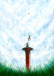  balloon blue_dress braid cloud cloudy_sky commentary_request day dress grass highres ladder long_hair original sakimori_(hououbds) scenery sky solo standing tower very_long_hair 