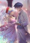  1girl bare_shoulders blue_eyes blue_hair blurry blurry_background breasts bridal_gauntlets bridal_veil cherry_blossoms commentary dress earrings elbow_gloves feet_out_of_frame flower formal gloves hand_on_another's_hand head_wreath highres holding_hands jewelry lips long_hair long_sleeves looking_at_another medium_breasts necklace nia_teppelin pants parted_lips pink_dress pink_wedding_dress qmo_(chalsoma) red_pupils ring rose silver_hair simon suit symbol-shaped_pupils tengen_toppa_gurren_lagann veil wedding_band wedding_dress white_pants white_suit 