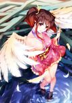  blush breasts brown_hair clothes_lift collarbone contrapposto feathers from_above grandgua headband highres japanese_clothes kimono kimono_lift koutetsujou_no_kabaneri large_breasts mumei_(kabaneri) obiage off_shoulder red_eyes short_twintails sidelocks smile solo standing twintails wings 