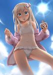  absurdres ass_visible_through_thighs bare_legs bikini blonde_hair blue_eyes blue_sky blush bow bowtie collarbone day food groin hair_between_eyes hair_ribbon highres ice_cream jacket kantai_collection long_hair looking_at_viewer md5_mismatch navel nedia_(nedia_region) nontraditional_school_swimsuit one-piece_tan pink_jacket ribbon ro-500_(kantai_collection) school_swimsuit sky spoon spoon_in_mouth sprinkles sun swimsuit tan tanline white_school_swimsuit white_swimsuit 