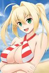  beach bikini blonde_hair breasts cleavage criss-cross_halter crossed_arms day fate/extra fate/grand_order fate_(series) fuuma_nagi green_eyes hair_intakes halterneck looking_at_viewer medium_breasts nero_claudius_(fate)_(all) nero_claudius_(swimsuit_caster)_(fate) smile solo striped striped_bikini swimsuit twintails upper_body upper_teeth 